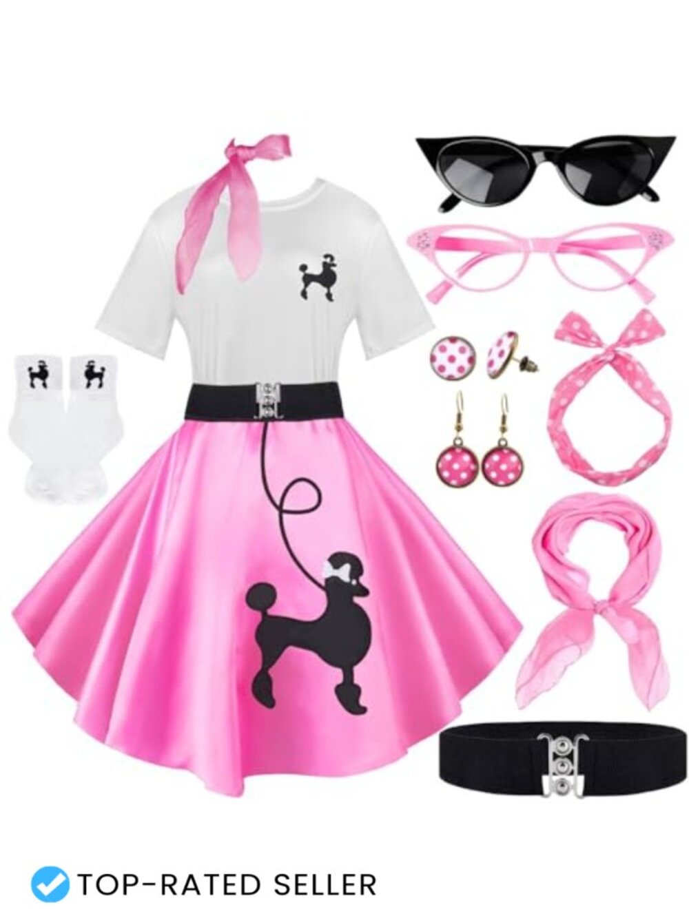 1950s Poodle Skirt Outfit Set Women Sock Hop Costume 10 Piece Polyester